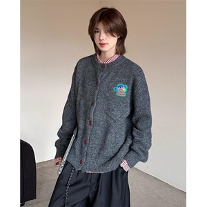 秋冬撞色纽扣复古卡通刺绣圆领长袖针织开衫男女毛衣外套 MY9577图片