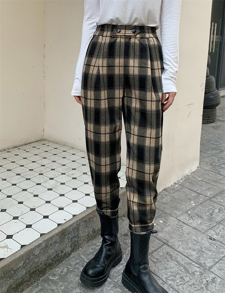 2021新款韩版休闲毛呢格子裤,女装其它,巧析