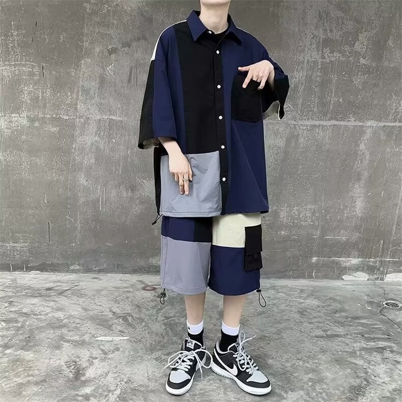 夏季休闲套装男日系宽松拼接短袖衬衫工装短裤套装HA04P40,男装衬衫,星座1116-2