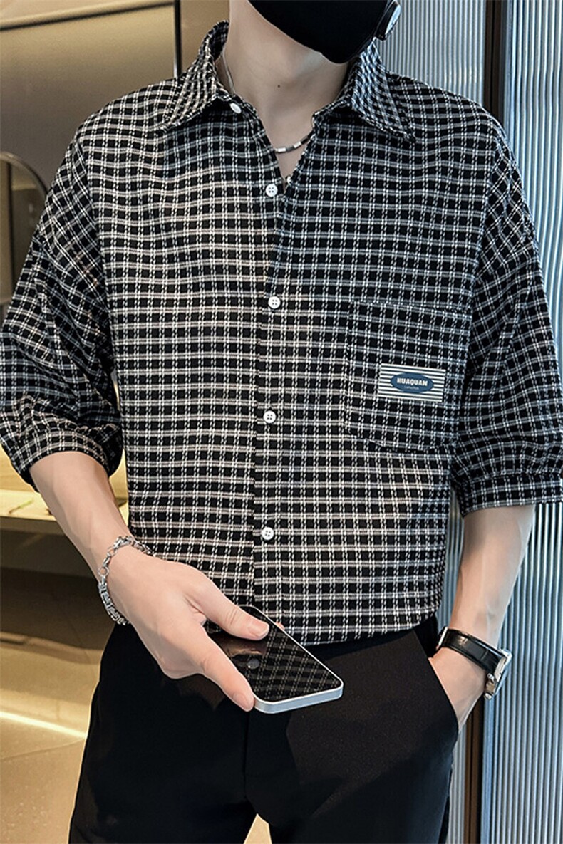 社会小伙2025春季新品衬衫男士格子衬衫七分袖打底衫901C02P58,男装衬衫,星座901