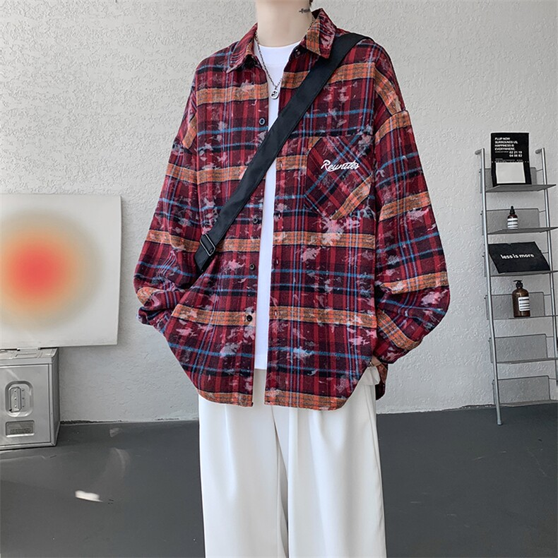 衬衫男秋季新款港风宽松大码格子扎染刺绣长袖衬衣CS3016-P38,男装衬衫,星座214-3