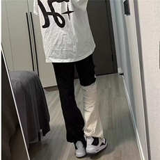 美式牛仔裤潮黑白拼色破洞裤直筒P45YL959，男装牛仔裤，星座1112-1