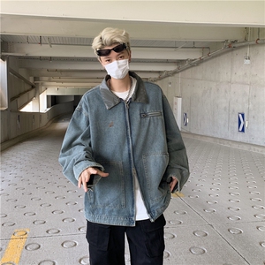 潮牌做旧水洗牛仔外套长袖休闲复古夹克情侣上衣男图片