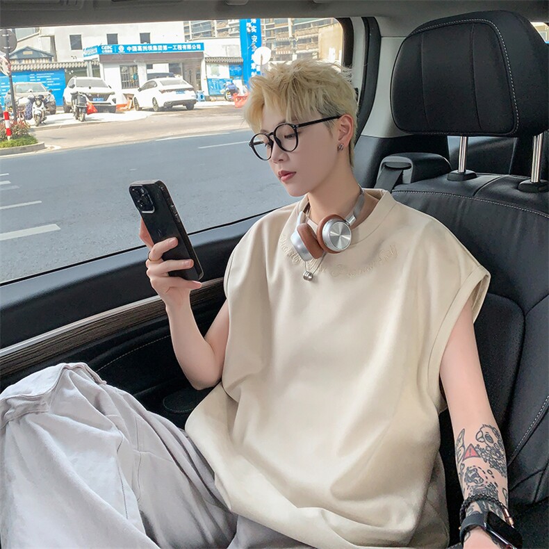 港风大码网红麂皮绒圆领无袖T恤背心男女XZ213-T070-P35控48,男装背心/马甲,星座213