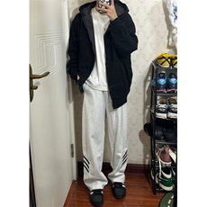 hiphop三条杠裤子男春秋运动直筒垂感宽松阔腿卫裤-STGWK53-P45，男装休闲裤，星座1007（原301D）
