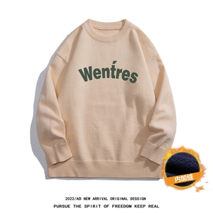 白底22秋冬潮流字母印花保暖圆领套头毛衣M1053P50加绒68控68-78，男装针织衫/毛衣，电商A247-1