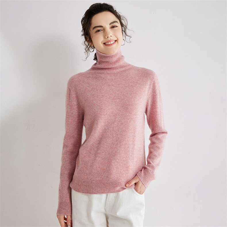 羊绒高翻领纯色长袖套头2024年秋季打底针织衫，女装羊绒衫，旭日羊绒