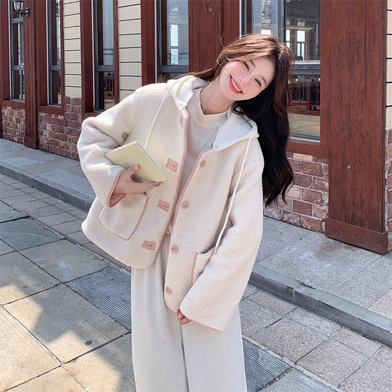 粉色菱形格两面穿连帽外套女2025冬季超好看学院风小个子气质上衣,女装羊羔毛/颗粒绒,帛锦泉