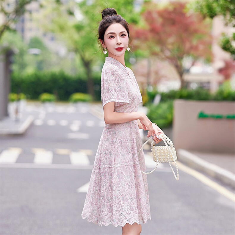 国风盘扣刺绣连衣裙女2025夏新款时尚立领气质修身显瘦蕾丝旗袍裙,女装连衣裙,慕依路