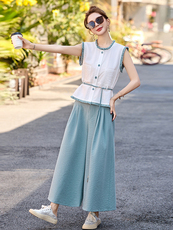 棉麻休闲阔腿裤套装女2025夏季新款撞色拼接无袖衬衫九分裤两件套，女装套装/套裙，魅影