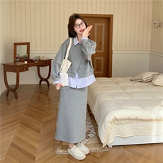 【新款】灰色假两件上衣+半身裙风套装W675P190K308，女装套装/套裙，2C209