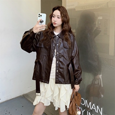 美拉德咖色短款皮衣外套女春秋高级感超火好看又酷又飒机车服夹克，女装皮衣，2C050