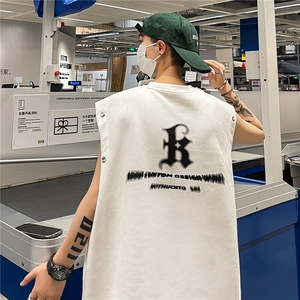 港风夏装新款麂皮绒印花可拆卸圆领宽松短袖T恤男背心潮 D286 P38图片