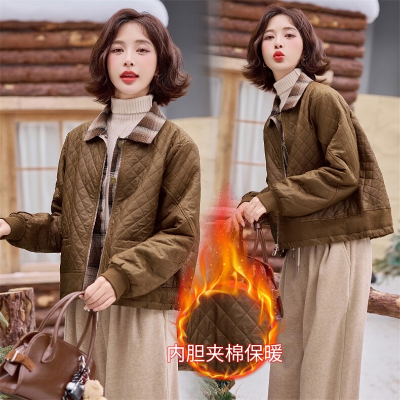 2024冬装新款假两件格子领夹棉短外套,女装棉衣/棉服,梦芯尔