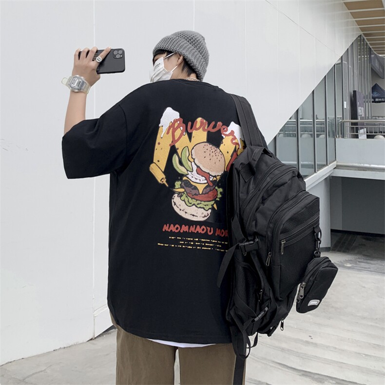 夏季宽松汉堡印花情侣上衣复古潮流街头嘻哈短袖T恤男 T1071-P32图片