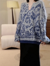 2026年秋季时尚百搭通勤简约休闲青花瓷提花，女装羊绒衫，美轩羊绒