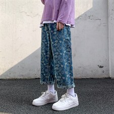 2021港风外景白墙宽松休闲直筒裤九分牛仔裤满印腰果花N8053-P55，男装牛仔裤，电商A001