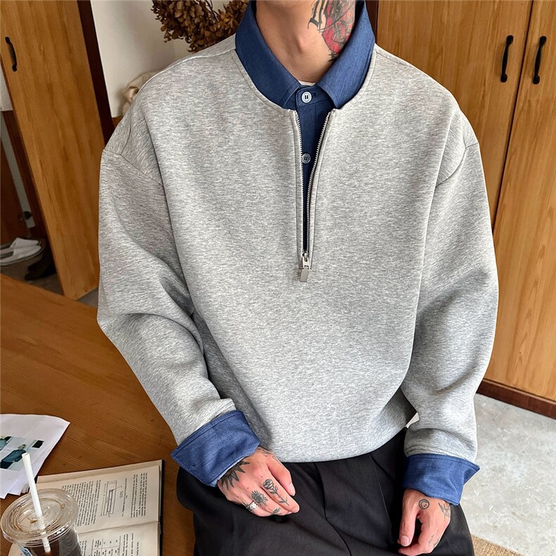 衬衫领假两件加绒卫衣男半拉链外套翻领长袖WY058-P48加绒P52,男装衬衫,星座308B-2