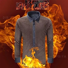 男士磨毛加绒翻领长袖衬衫秋冬新款青年加厚保暖条纹开衫衬衣外套，男装衬衫，星座1210-1