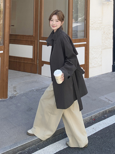 时尚灰色双排扣立领风衣女春秋款系带收腰中长款外套上衣图片