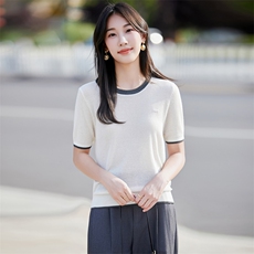 撞色圆领冰丝针织短袖T恤女2025夏季轻薄透气宽松显瘦上衣小衫t恤，女装针织衫/毛衣，昭美羊绒
