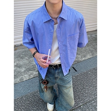 粗条纹短袖衬衫5X4002-TP3558松紧下摆短款男宽松休闲衬衣男，男装衬衫，电商A102