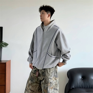 抖音得物高品质秋冬美式高街重磅结构辑明线纹理连帽卫衣外套W111图片