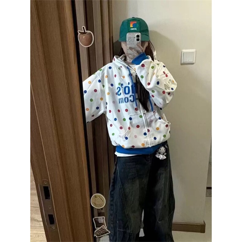 网图有货美式复古彩色波点开衫华棉外套男女宽松卫衣A830-P48,女装短外套,星座1505