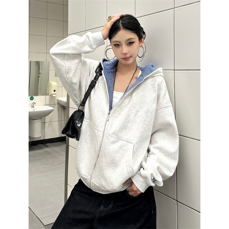 网图cleanfit双面穿格纹连帽卫衣男女款秋季美式拉链短宽外套P58,女装短外套,电商C306-1