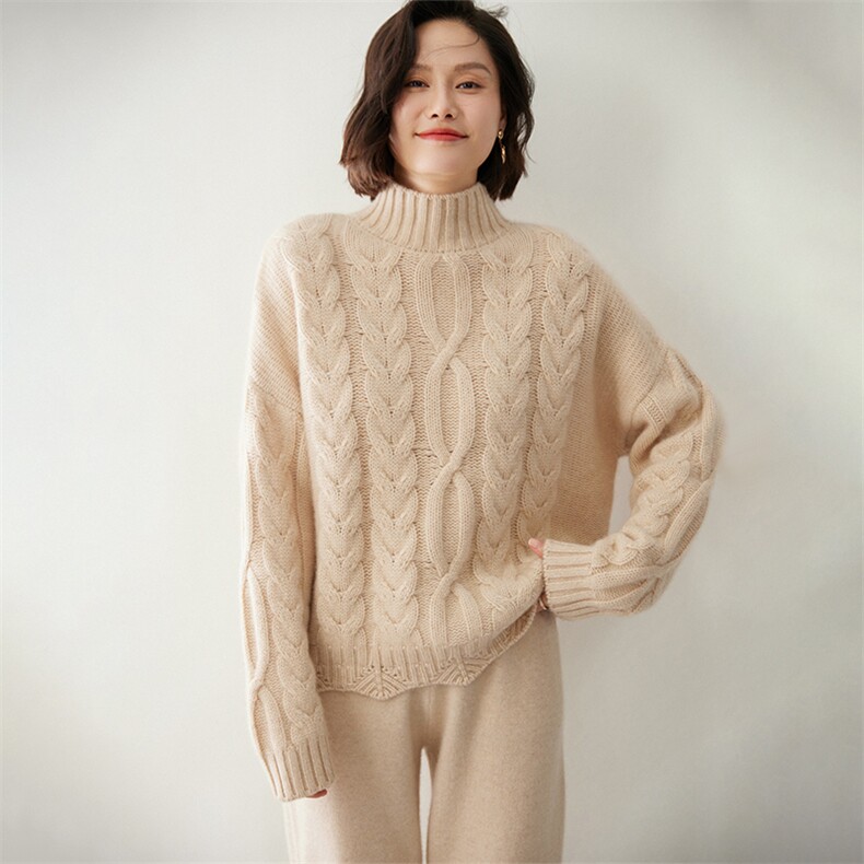 时尚麻花高领羊绒衫女士修身显瘦红色毛衣,女装羊绒衫,迎冬羊绒