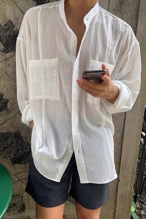 2025春季时尚潮牌新款男士圆领纯色长袖衬衫外套简约高级感白,男装衬衫,星座218-1（原230）