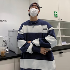 日系复古慵懒宽松休闲针织衫2024新款条纹撞色毛衣男M-P45，男装针织衫/毛衣，星座512-4