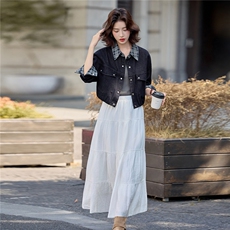 现货2025秋装新款格子拼接复古时尚牛仔外套，女装牛仔外套，深水步