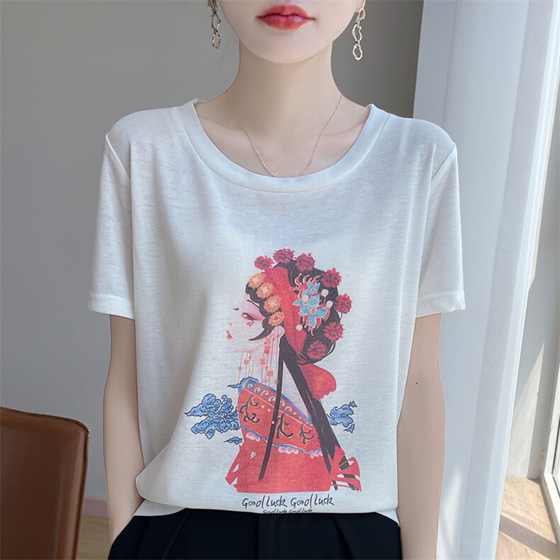 夏季圆领国风印花体恤衫女2025年新款莱塞尔天丝短袖T恤薄款上衣,针织衫/毛衣,朝贺羊绒