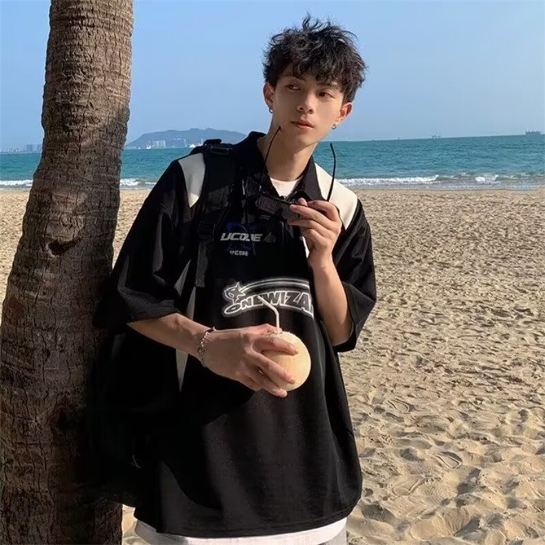 半拉链t恤男polo衫美式复古高街青少年短袖衬衫潮牌潮流夏季体恤图片
