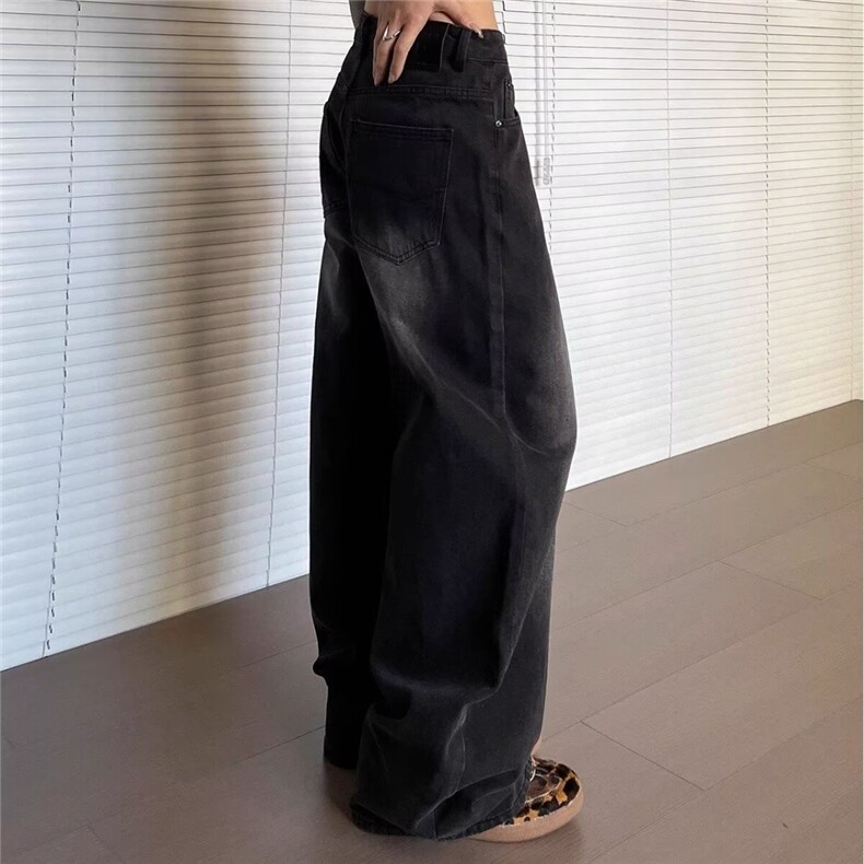 大码复古设计感裤子潮黑色直筒高腰宽松牛仔裤女秋季阔腿拖地长裤,男装牛仔裤,星座506A