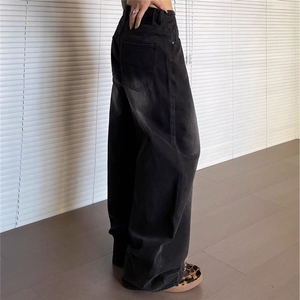 大码复古设计感裤子潮黑色直筒高腰宽松牛仔裤女秋季阔腿拖地长裤图片