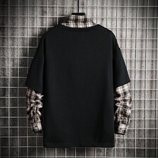 2021秋季新网格挂拍日系大码男格子衬衫T恤假两件卫衣W5020-P50，男装卫衣，电商A001