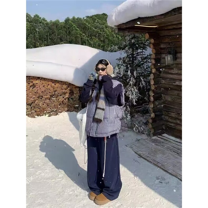 美式复古蓝色格子棉服马甲男款秋冬潮牌叠穿背心外穿立领坎肩马夹,男装棉衣,星座1013-1