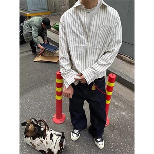 美式潮牌高街复古泡泡纱竖条纹日系肌理长袖衬衫男女休闲宽松衬衣图片