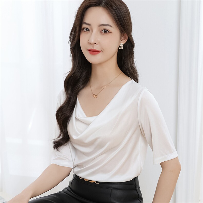 2025三醋酸五分袖荡领T恤女丝滑缎面短袖皱褶中袖薄款打底上衣,女装T恤,伊绒腾羊绒