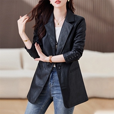 皮衣女2023年新款春秋款修身休闲西装外套收腰pu中长款西服皮夹克，女装皮衣，江南女神