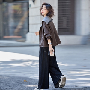 设计感针织披肩领拼接皮衣外套女2025秋季新款超好看pu皮夹克上衣图片