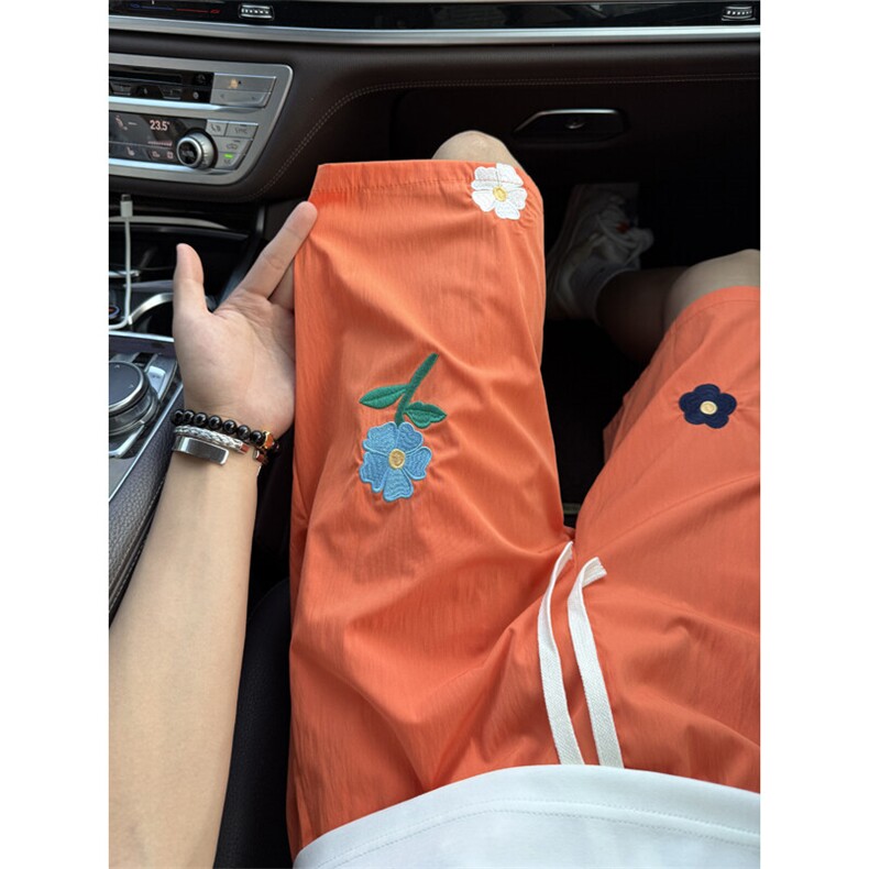 小花刺绣速干短裤男款夏季青少年冰丝裤子宽松沙滩出游穿搭五分裤,男装休闲裤,电商B221