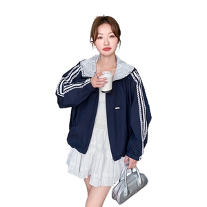 藏青色蕾丝拼接开衫短外套女2025秋季新款小个子减龄休闲连帽夹克图片
