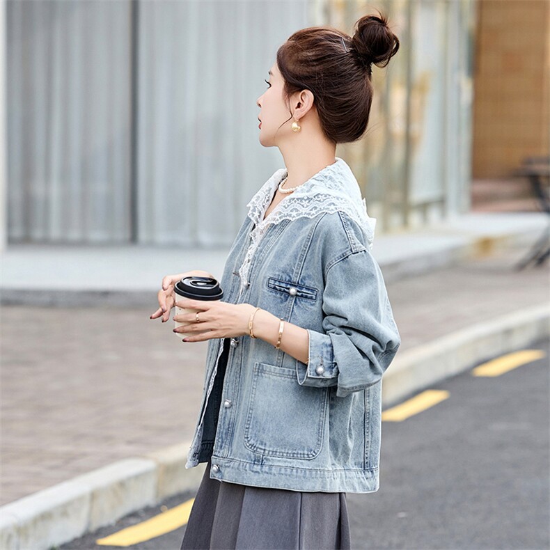 蕾丝拼接连帽牛仔外套女2025早春新款韩版设计感宽松百搭爆款上衣,女装短外套,韩然一族