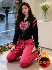 设计感时尚减龄套装女秋冬款撞色拼接爱心拉链开衫外套长裤两件套，女装套装/套裙，江南