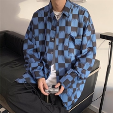 2023春秋新款男拼色翻领格子衬衫男宽松复古青年外衣CS02206-P35，男装衬衫，星座308B-1