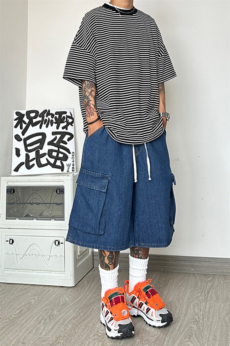 美式复古七分工装牛仔短裤日系cityboy廓形大码oversize,男装牛仔裤,星座310A-4