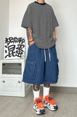美式复古七分工装牛仔短裤日系cityboy廓形大码oversize，男装牛仔裤，星座310A-4